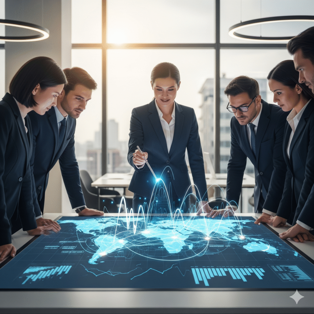 A diverse team of business professionals strategizes around a holographic world map, with one person pointing to a glowing path, symbolizing market entry strategy and global expansion.