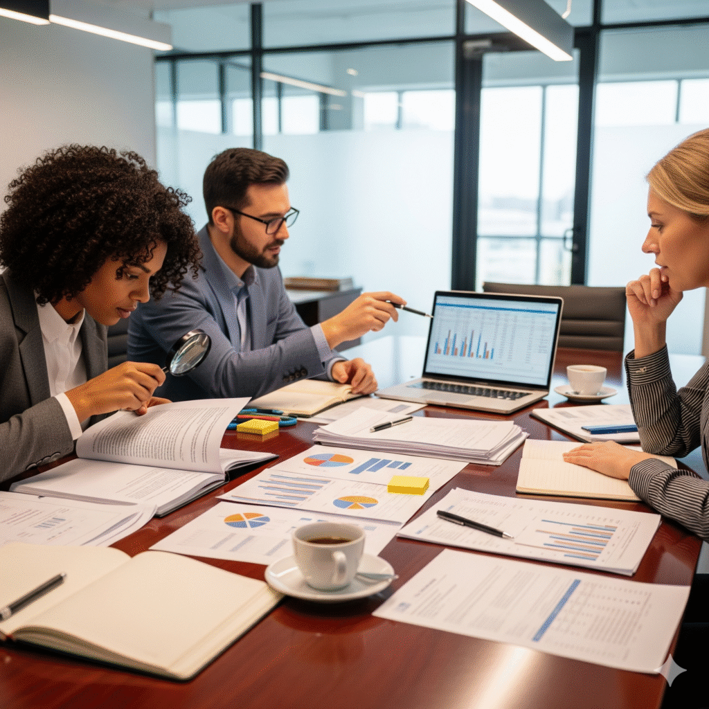 A focused team of business professionals meticulously reviews financial and legal documents around a conference table, symbolizing a thorough and detailed due diligence process.
