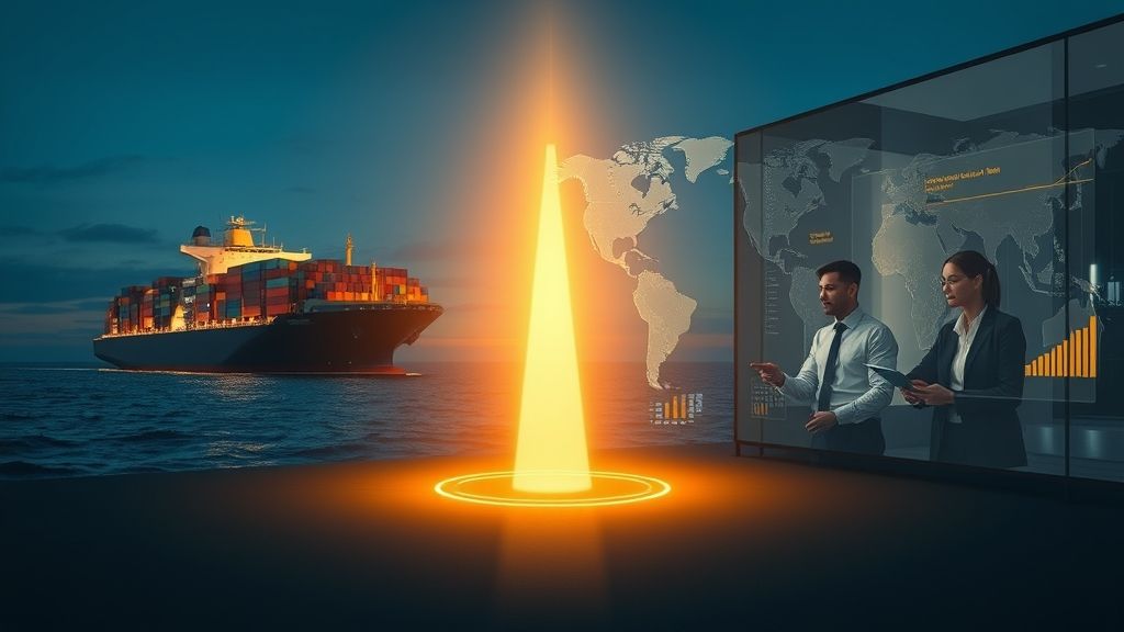 A golden light beacon connects a futuristic office team with global elements like a cargo ship and oil rig, symbolizing expert guidance in commodities and strategic services.