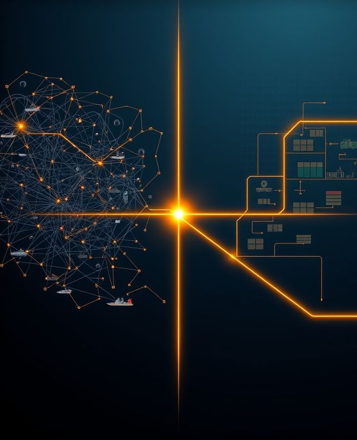 A golden line traces a path from a chaotic, disorganized system of global shipping and warehouses to a streamlined, efficient, and orderly one, symbolizing logistics optimization.
