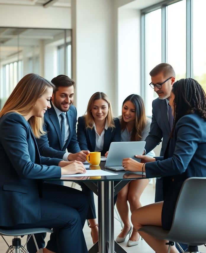 A diverse team of business professionals collaborates around a table in a modern office, symbolizing partnership and a unified approach to client success.