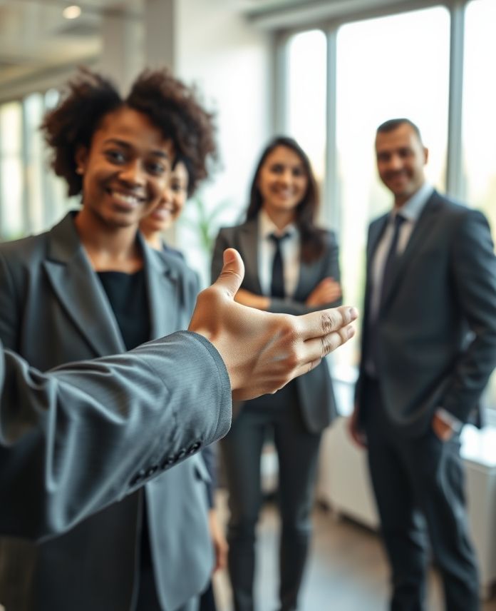 A professional's hand is extended for a handshake in a modern office, symbolizing a warm and direct invitation for collaboration.