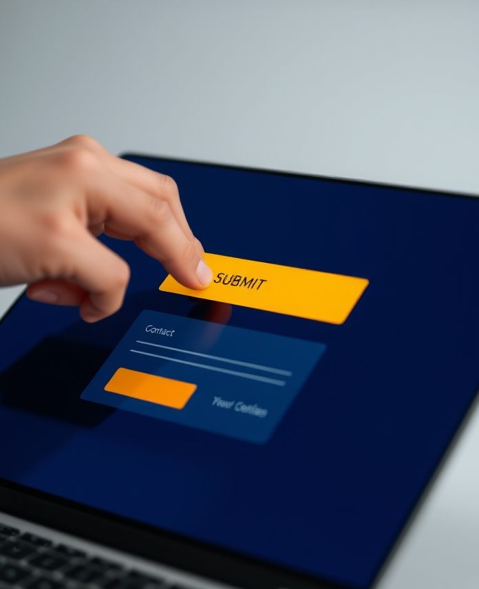 A hand hovers over a contact form's submit button, symbolizing a seamless and confident digital connection between the user and the company.