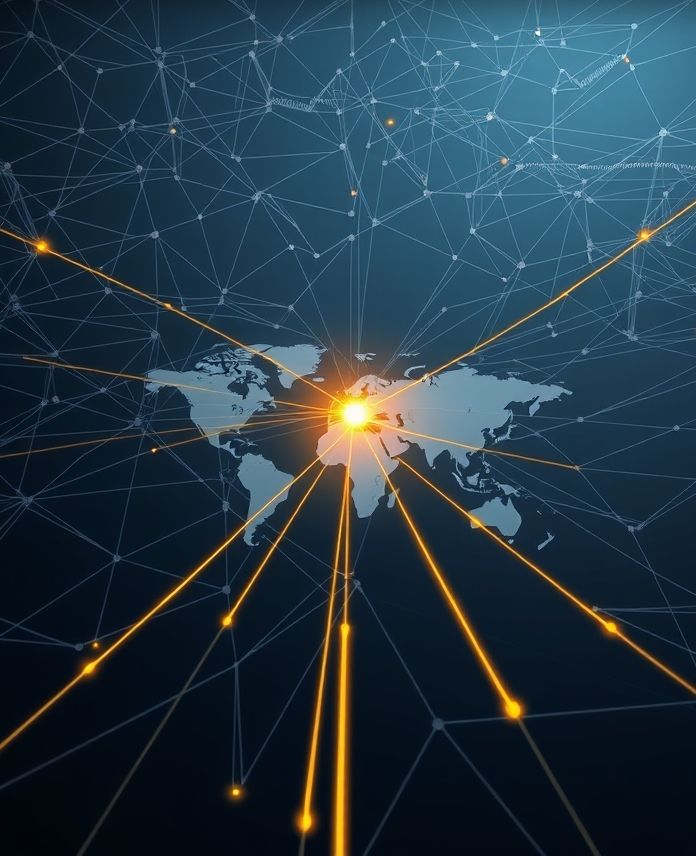 A glowing, golden path connects a warehouse to a map of the world, cutting through a chaotic network of tangled routes, symbolizing streamlined logistics and enhanced global reach.