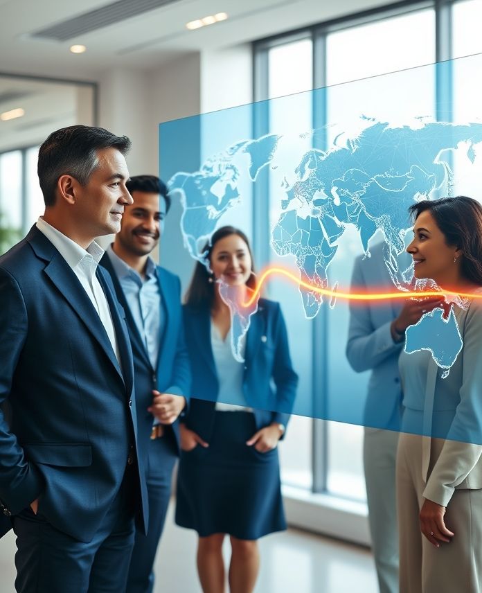 A diverse team of professionals in a modern office reviews a glowing digital map showing a complex network of global supply routes being simplified into a direct golden line, symbolizing streamlined logistics and strategic business solutions.
