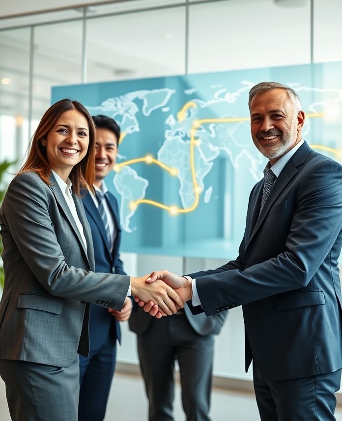 A diverse group of business professionals shakes hands in a modern office, with a glowing digital world map in the background showing a direct golden line, symbolizing strategic partnerships and global expansion.