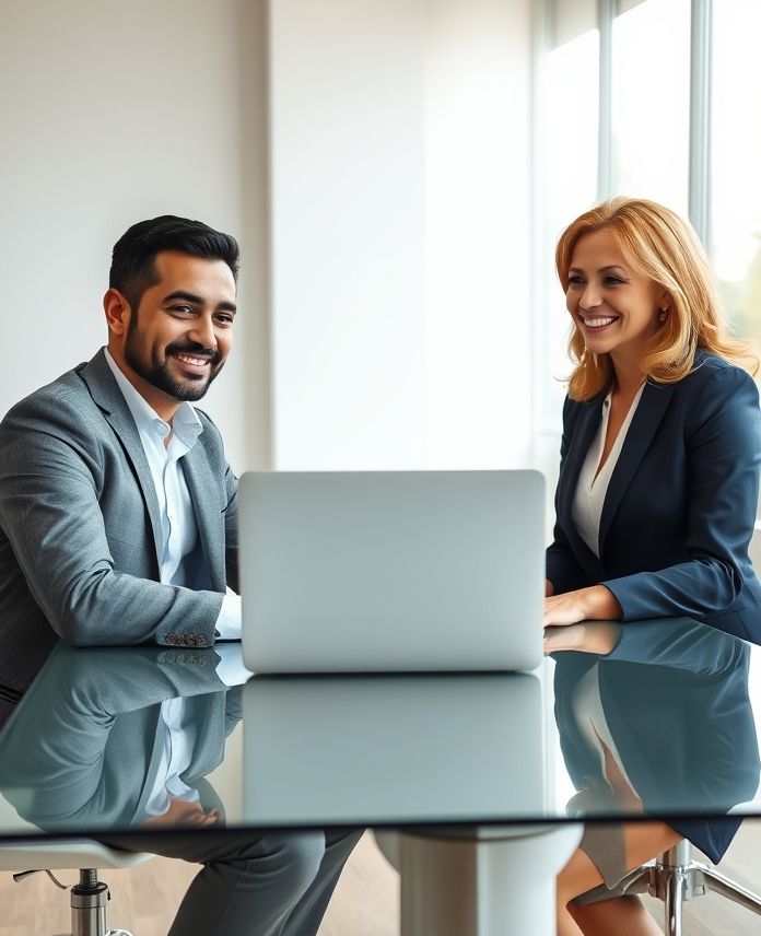 A consultant and a client sit at a table looking at a calendar on a laptop, discussing a schedule for a free business consultation. The image conveys collaboration and personalized service.