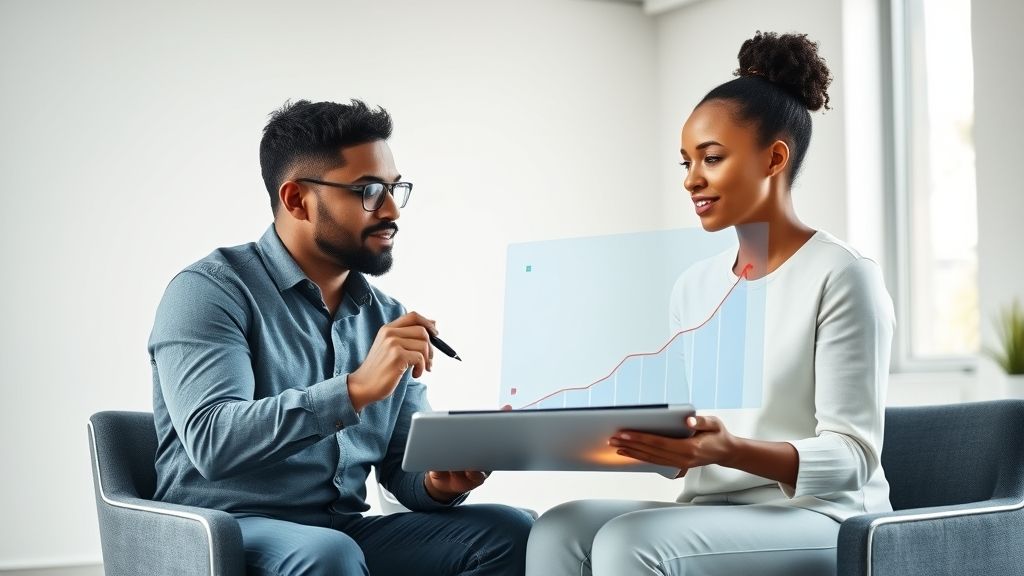 A consultant and a client collaborate on a digital screen, visually transforming complex business challenges into a clear, strategic roadmap for growth.