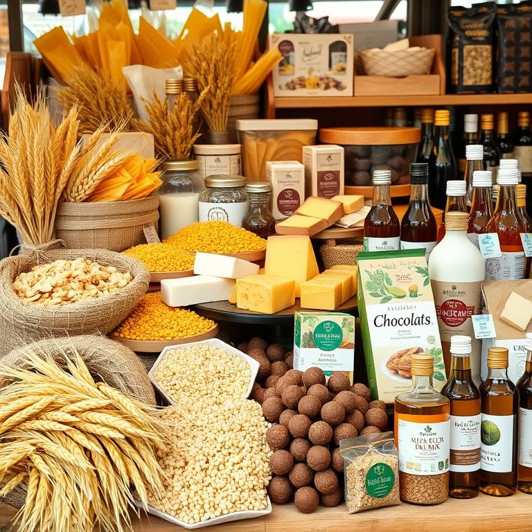 A vibrant market stall displaying a variety of European agricultural products, including wheat, barley, pasta, couscous, various cheeses, yogurt, butter, high-quality chocolates, olive oil, and specialty vegan, plant-based, and gluten-free foods.