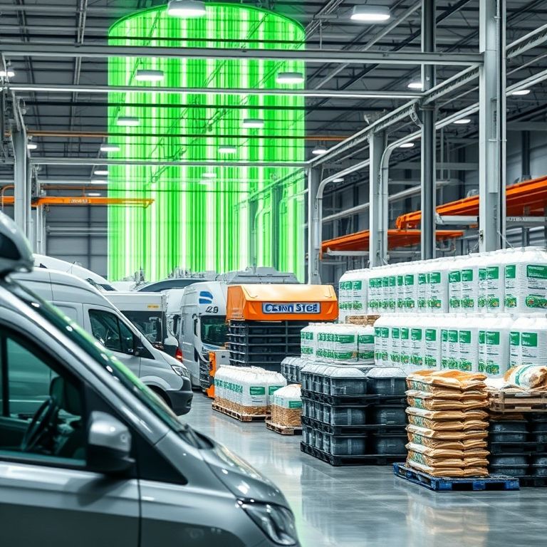 A modern industrial scene featuring European automotive products, industrial machinery, electronic equipment, packaged chemical products and fertilizers, and innovative green steel and low-carbon materials, conveying efficiency and sustainability.