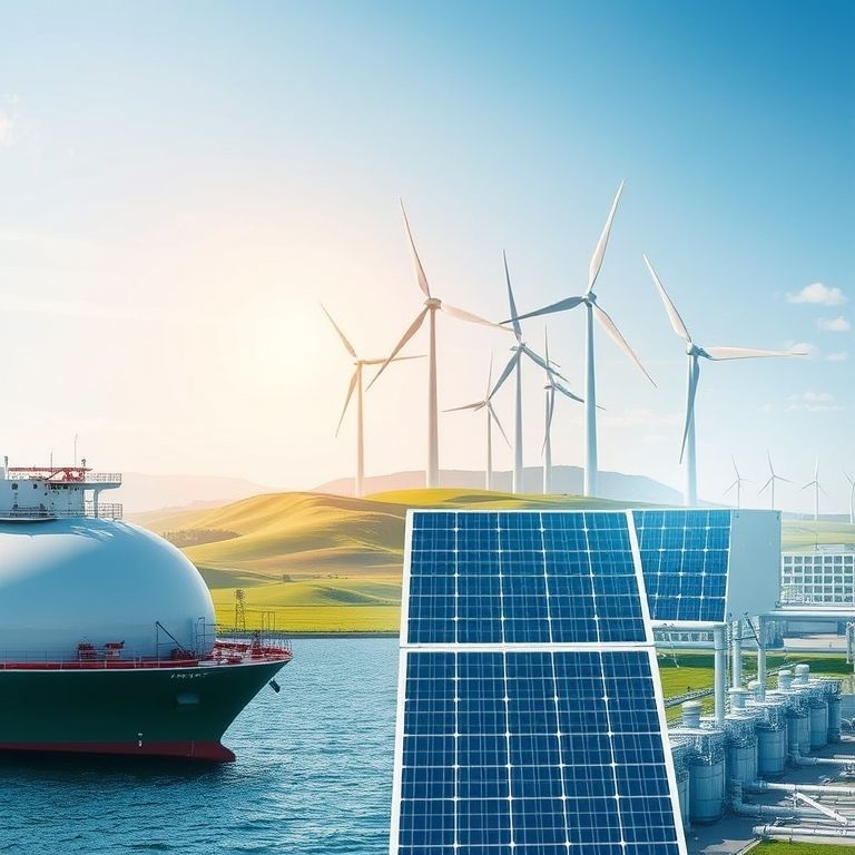 A realistic composite image featuring a modern European LNG terminal, a wind farm with turbines, rows of solar panels, and advanced green hydrogen production equipment, illustrating diverse energy technologies and efficiency solutions.