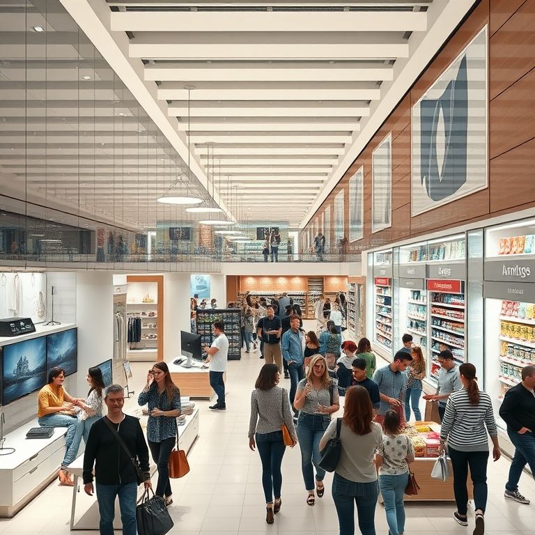A bustling modern European department store interior showcasing a wide array of consumer goods, including fashion, electronics, furniture (shopping goods and durable goods), and supermarket-style aisles stocked with food, beverages, toiletries, and cleaning products (nondurable and convenience goods).