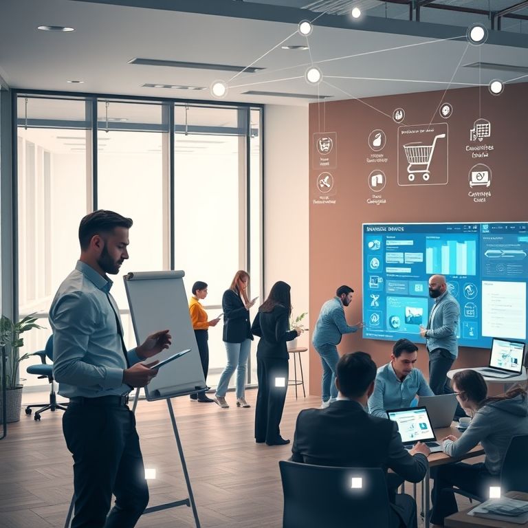 A dynamic scene depicting various European services and digital products, including professionals in a business meeting (legal, consulting, advertising), individuals engaging with online courses and digital templates, and a large screen displaying e-commerce platforms and digital tools.