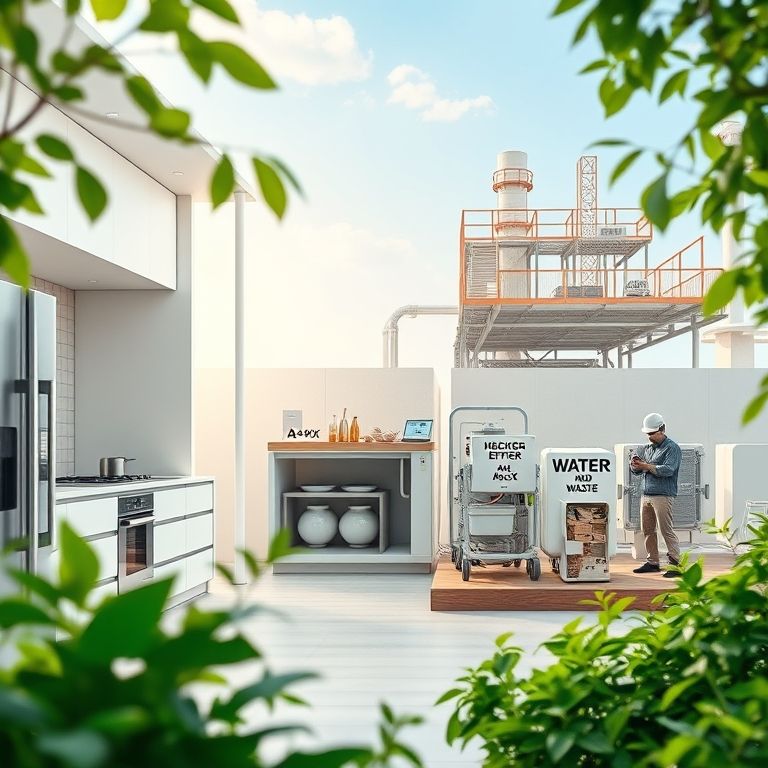A realistic composite image showcasing various European environmental technologies, including a modern kitchen with energy-efficient appliances, a water and waste management facility with recycling machinery, and sustainable building materials being used on a construction site.