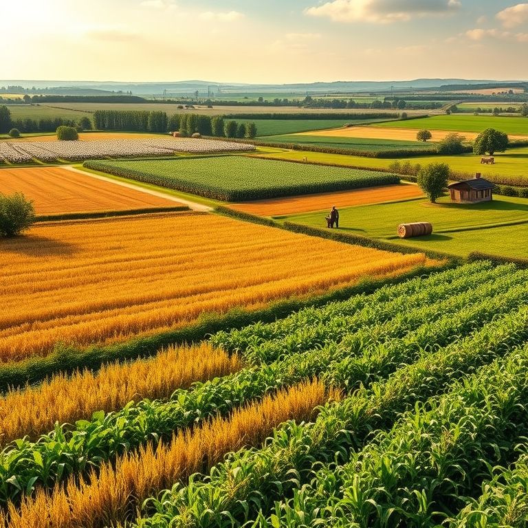 A realistic and expansive rural landscape showcasing various European agricultural products, including fields of wheat and maize, vegetable patches, fruit and nut orchards (specialty crops), rows of industrial crops like cotton or sugarcane, and pastures with grazing livestock (forage crops) under natural sunlight.