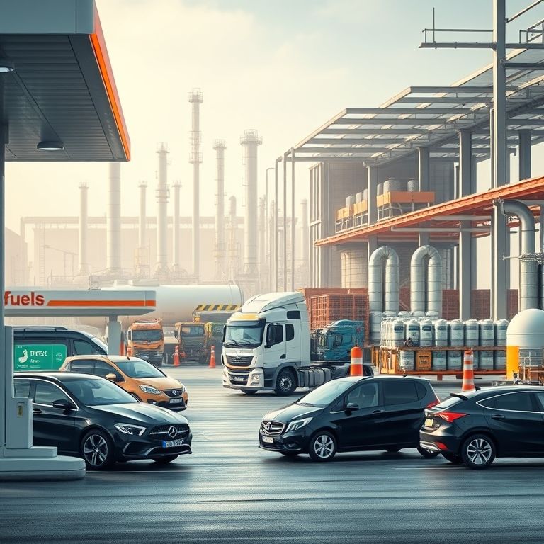 A realistic industrial scene featuring a modern European petrol station with vehicles refueling, and in the midground, an industrial facility handling barrels and containers of lubricants, greases, and chemicals (industrial materials). In the background, elements of an oil refinery are subtly visible.