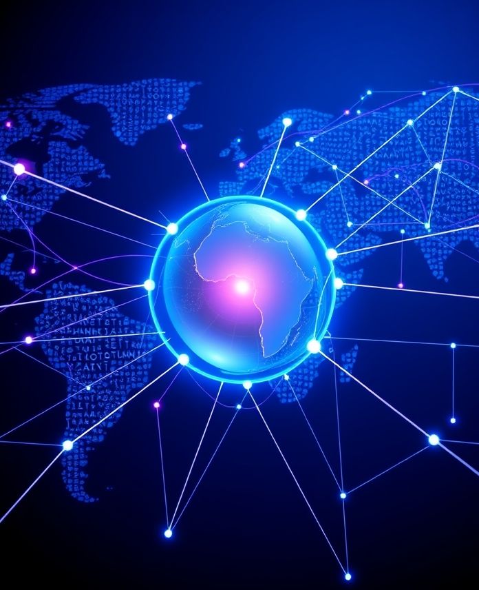 A dynamic, glowing web of interconnected lines and data streams represents a secure and transparent global network, linking various cities and business hubs to mitigate risk.