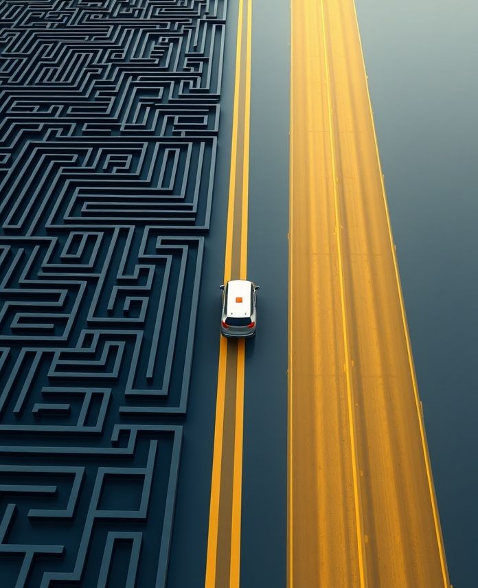 A stylized business vehicle is shown exiting a complex, tangled labyrinth and smoothly entering a wide, clear golden road, symbolizing a simplified path to global expansion.