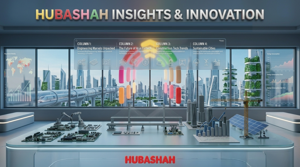 Hubashah Insights & Innovation poster featuring 3D models of engineering bridge architecture, circuit boards, solar panels, and financial growth charts in a futuristic high-tech laboratory setting.